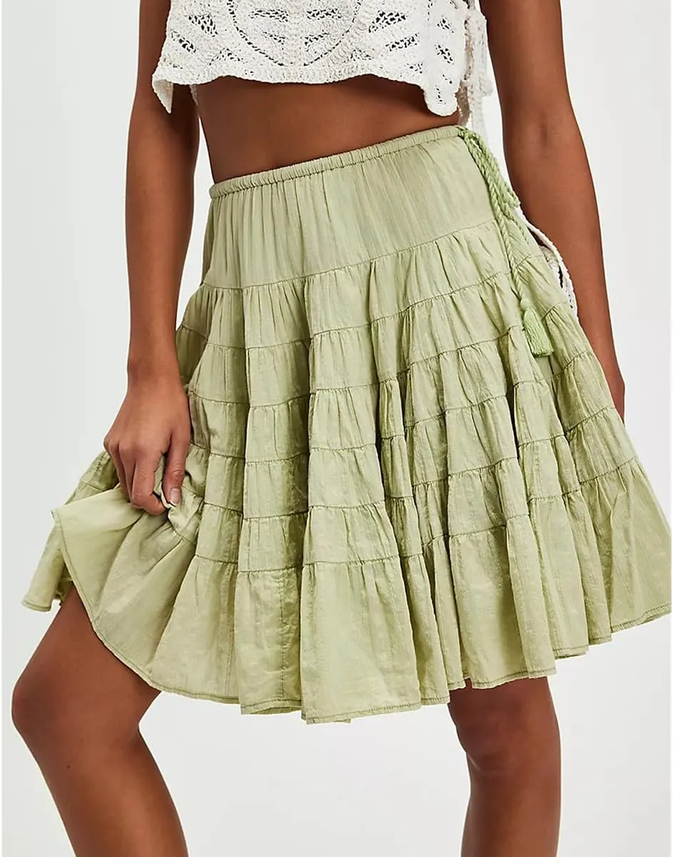 LOFAAC Women Cute High Waist Ruffle Layered Midi Skirt Casual Bow Knot Front Tiered Flowy Swing Going Out Short Skirt