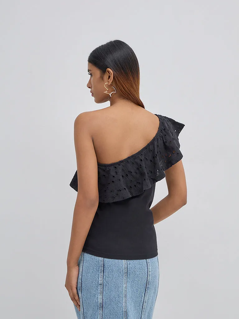 LOV Black Schiffli Design Ruffled Cotton Top