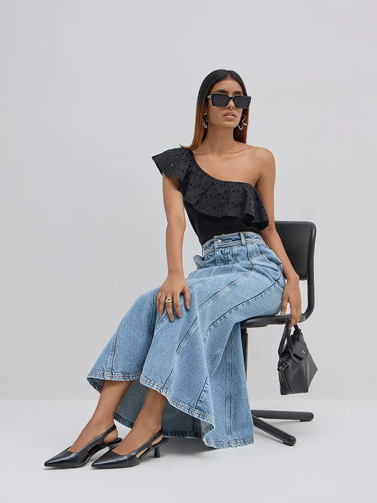 LOV Black Schiffli Design Ruffled Cotton Top