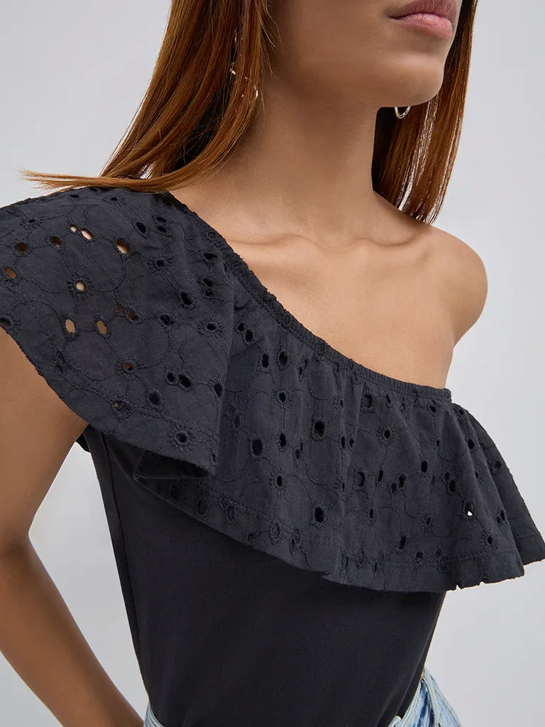 LOV Black Schiffli Design Ruffled Cotton Top