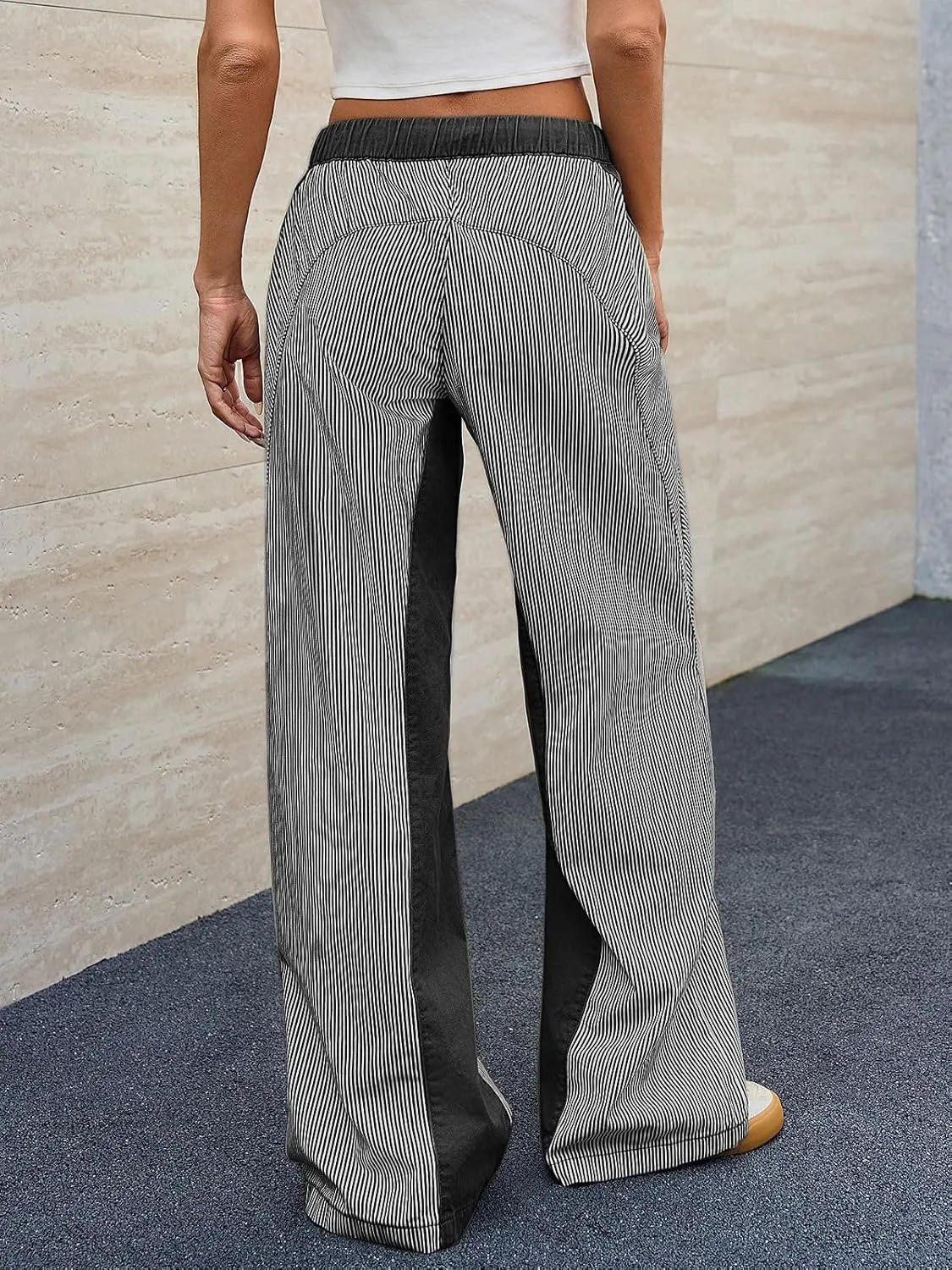 Low Rise Striped Pants for Women Pull On Drawstring Boho Wide Leg Jeans Trendy 2025