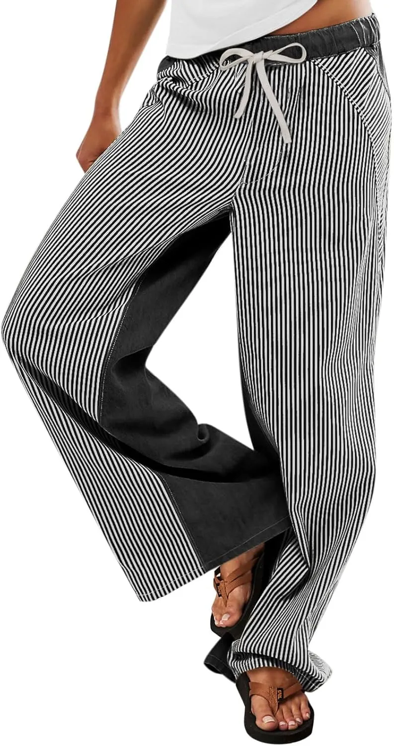 Low Rise Striped Pants for Women Pull On Drawstring Boho Wide Leg Jeans Trendy 2025