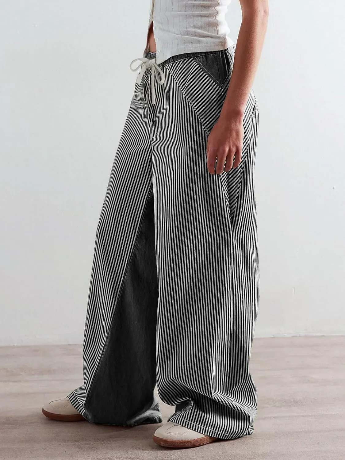 Low Rise Striped Pants for Women Pull On Drawstring Boho Wide Leg Jeans Trendy 2025