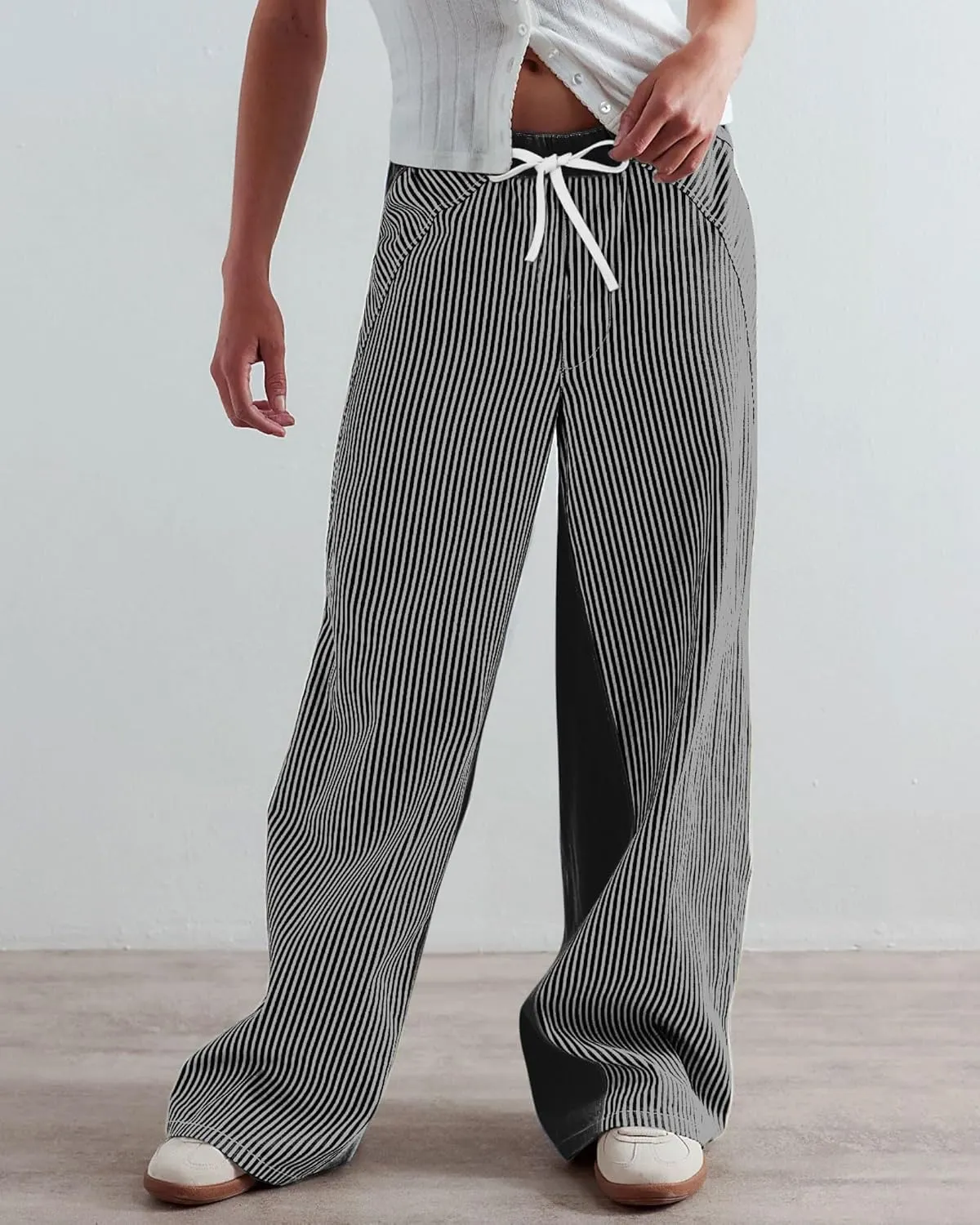 Low Rise Striped Pants for Women Pull On Drawstring Boho Wide Leg Jeans Trendy 2025