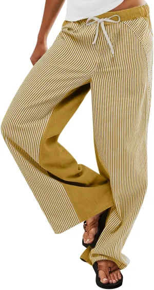 Low Rise Striped Pants for Women Pull On Drawstring Boho Wide Leg Jeans Trendy 2025