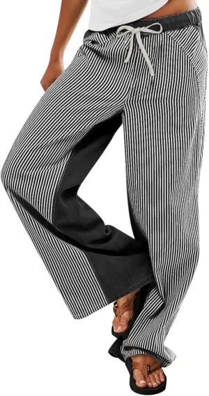 Low Rise Striped Pants for Women Pull On Drawstring Boho Wide Leg Jeans Trendy 2025