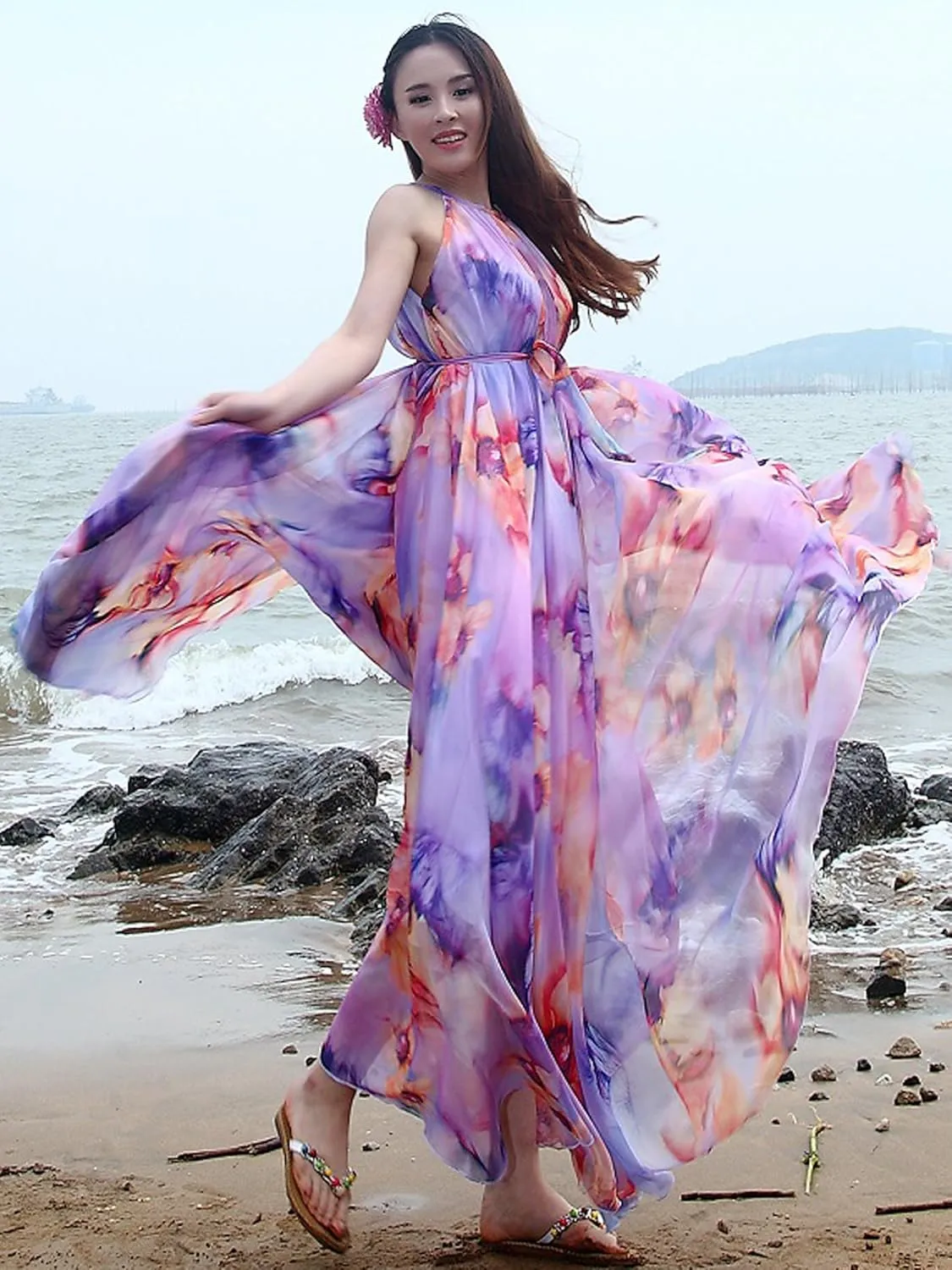 MedeShe Women's Chiffon Floral Holiday Beach Bridesmaid Maxi Dress Sundress