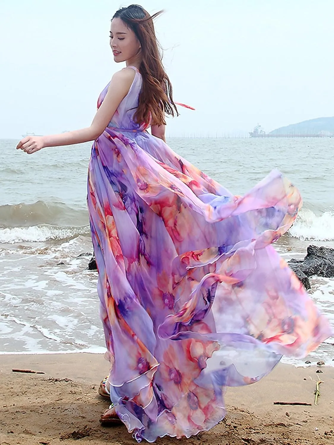 MedeShe Women's Chiffon Floral Holiday Beach Bridesmaid Maxi Dress Sundress