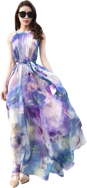MedeShe Women's Chiffon Floral Holiday Beach Bridesmaid Maxi Dress Sundress