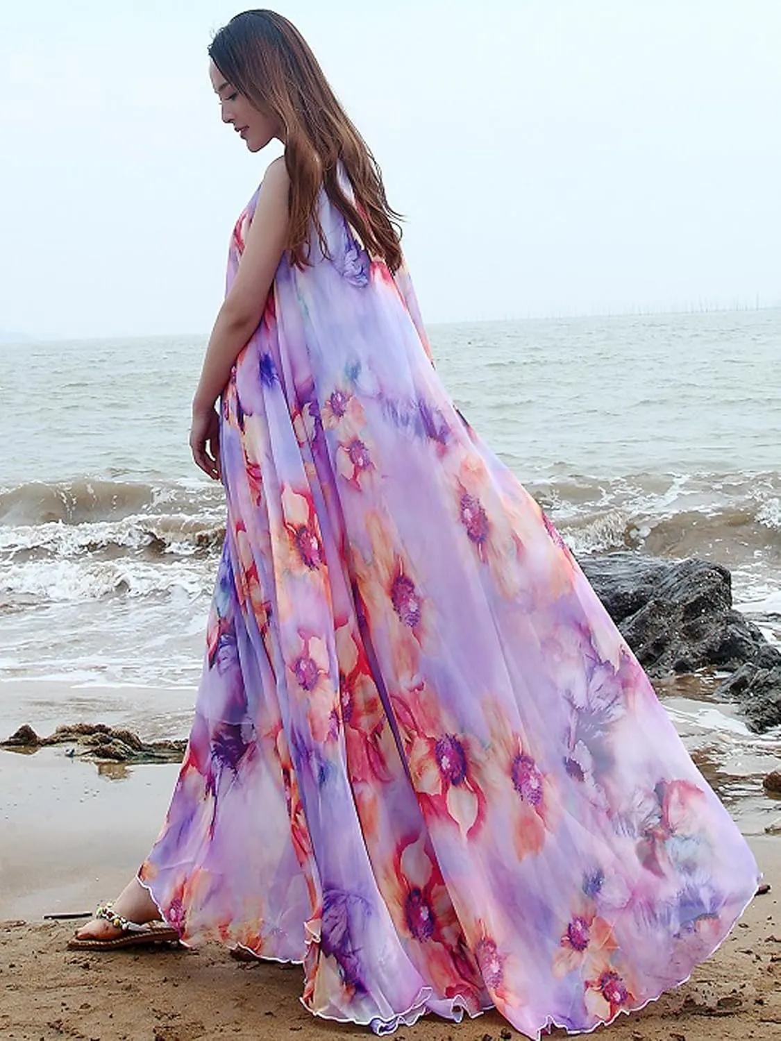 MedeShe Women's Chiffon Floral Holiday Beach Bridesmaid Maxi Dress Sundress