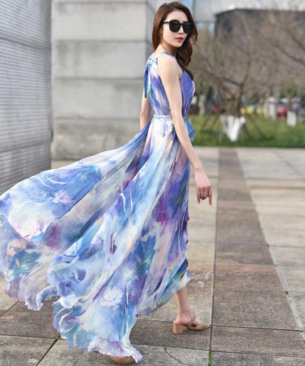 MedeShe Women's Chiffon Floral Holiday Beach Bridesmaid Maxi Dress Sundress