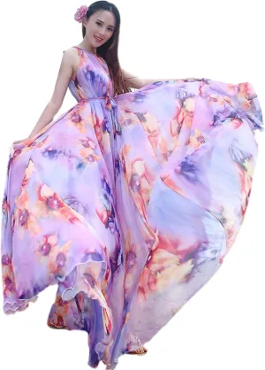 MedeShe Women's Chiffon Floral Holiday Beach Bridesmaid Maxi Dress Sundress