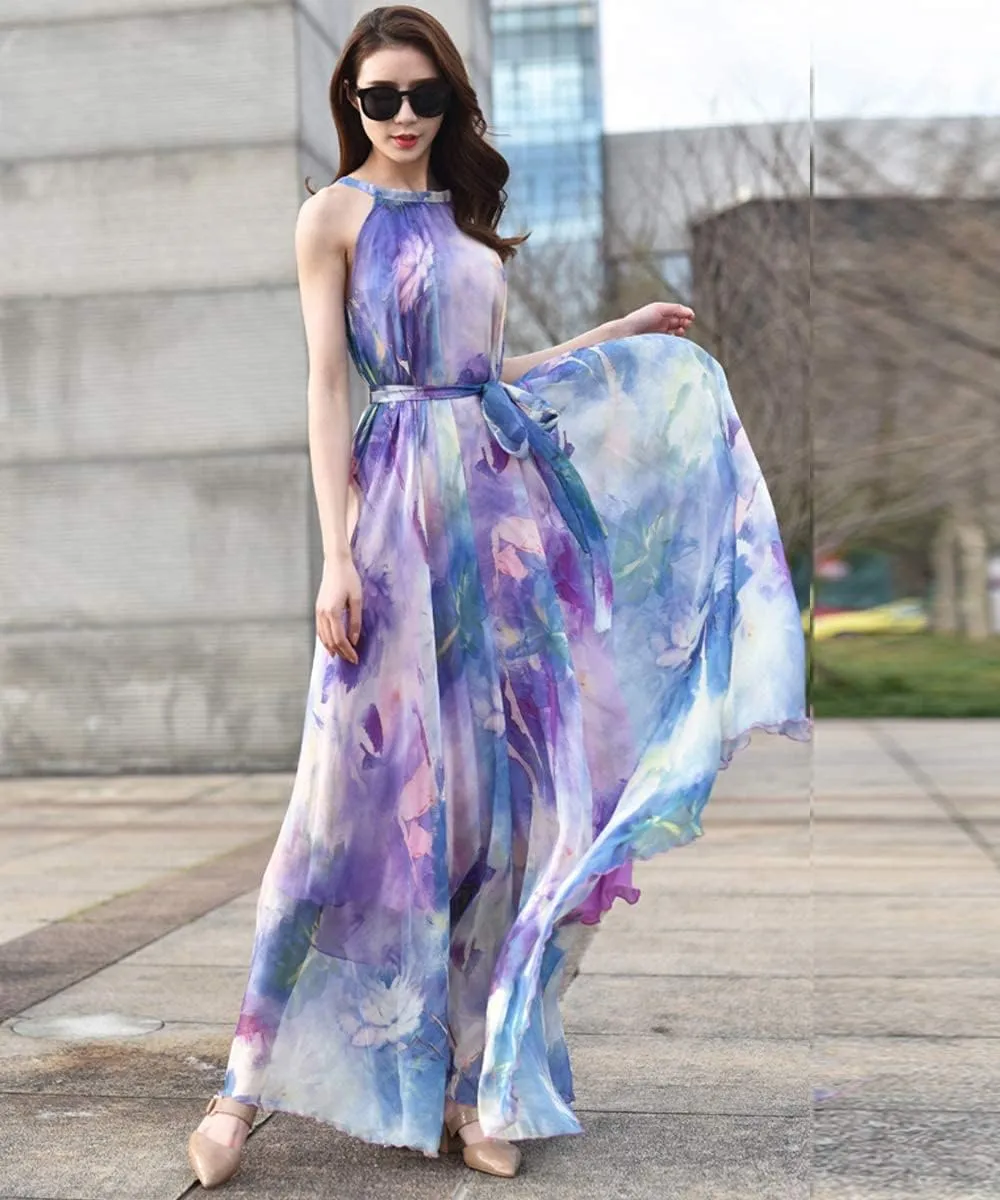 MedeShe Women's Chiffon Floral Holiday Beach Bridesmaid Maxi Dress Sundress