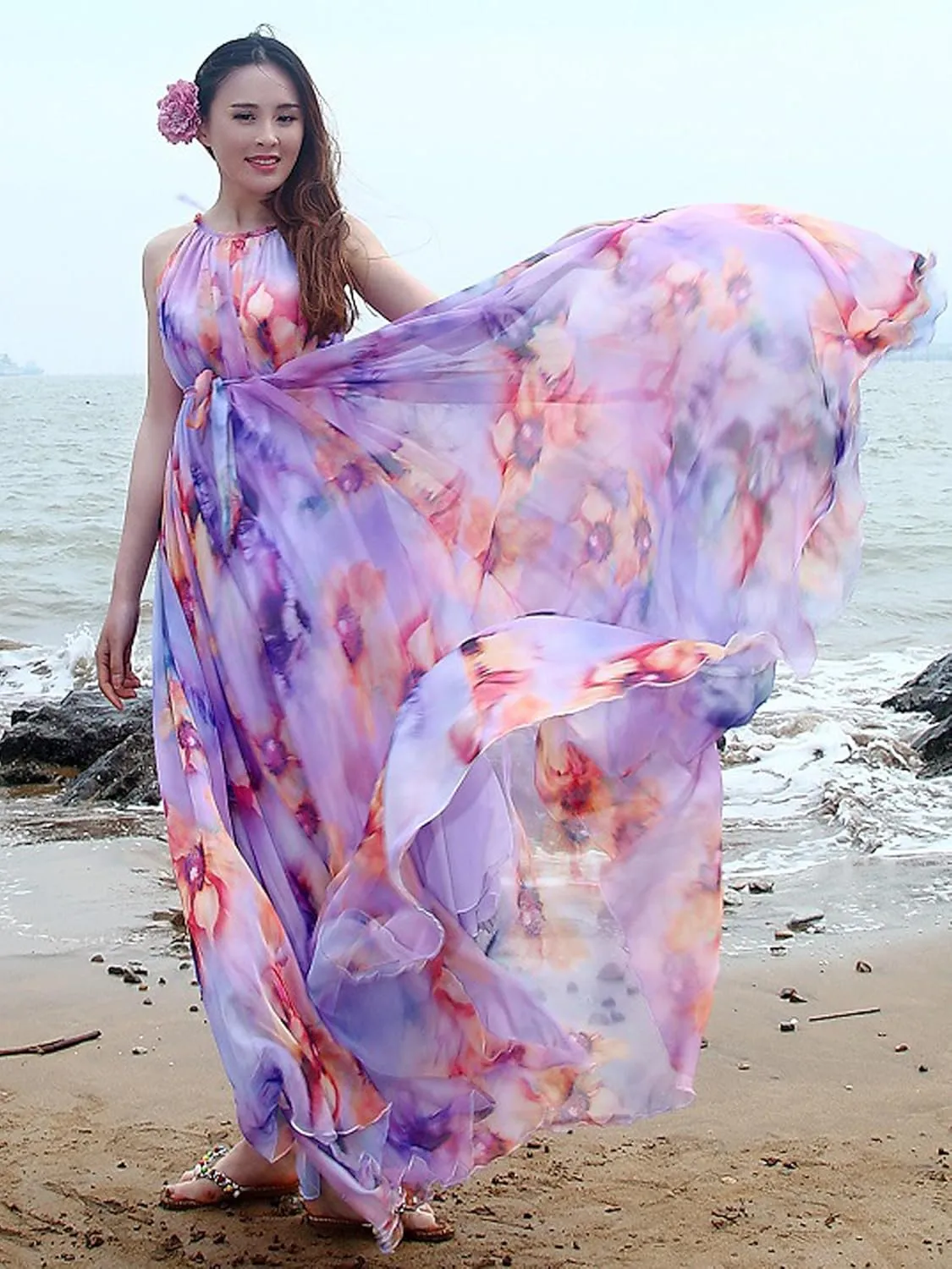 MedeShe Women's Chiffon Floral Holiday Beach Bridesmaid Maxi Dress Sundress