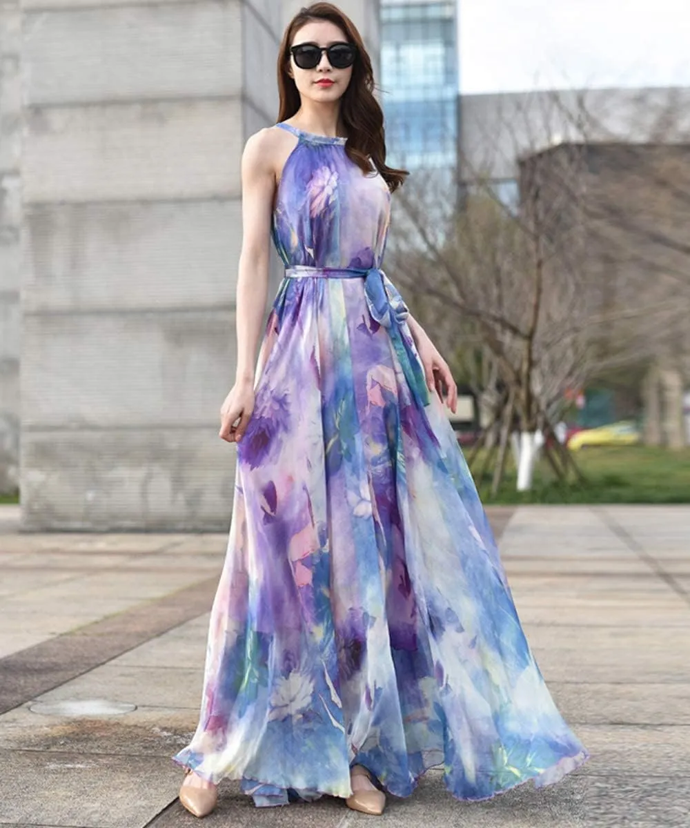 MedeShe Women's Chiffon Floral Holiday Beach Bridesmaid Maxi Dress Sundress