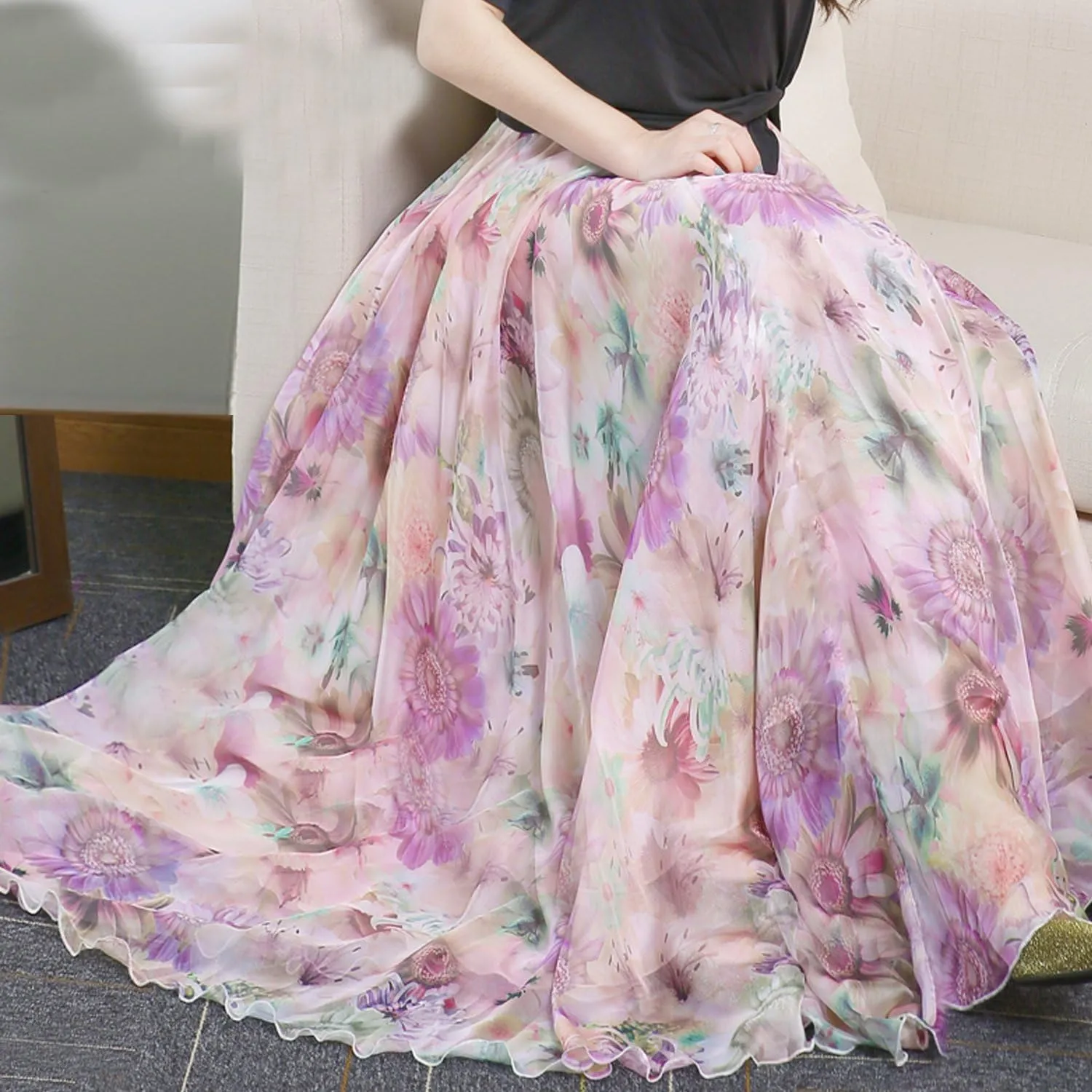 MedeShe Women's Chiffon Floral Print Elasticated Waist Maxi Skirt