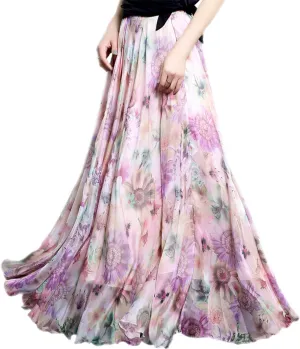 MedeShe Women's Chiffon Floral Print Elasticated Waist Maxi Skirt