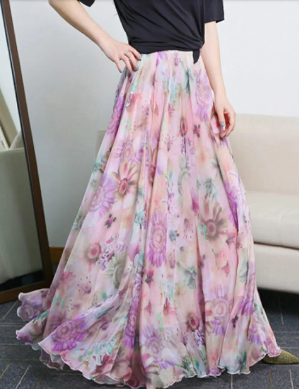MedeShe Women's Chiffon Floral Print Elasticated Waist Maxi Skirt