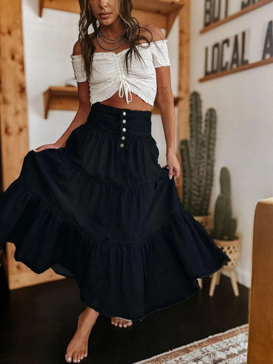 Melliflo Women's High Waist Long Denim Skirt Button Fly Ruffle Swing A-Line Jean Tiered Maxi Skirt Streetwear