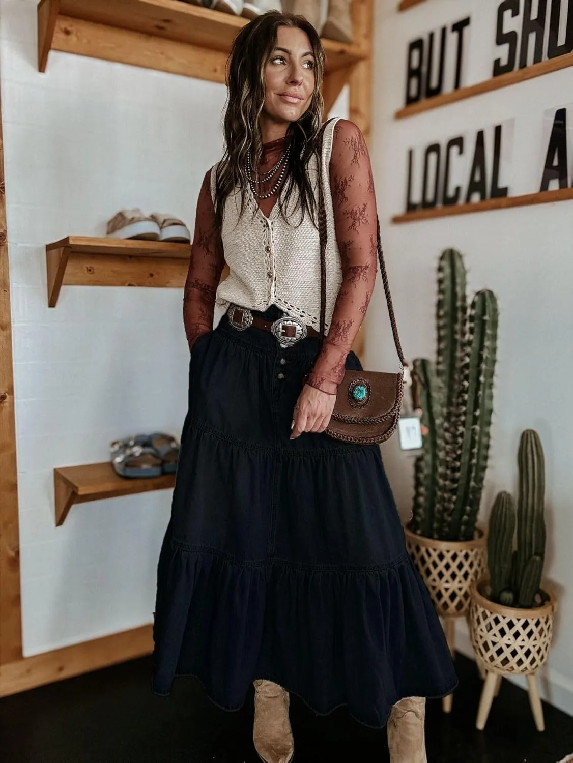 Melliflo Women's High Waist Long Denim Skirt Button Fly Ruffle Swing A-Line Jean Tiered Maxi Skirt Streetwear