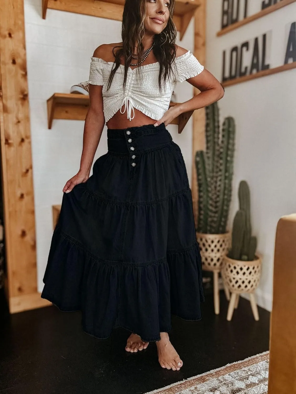 Melliflo Women's High Waist Long Denim Skirt Button Fly Ruffle Swing A-Line Jean Tiered Maxi Skirt Streetwear