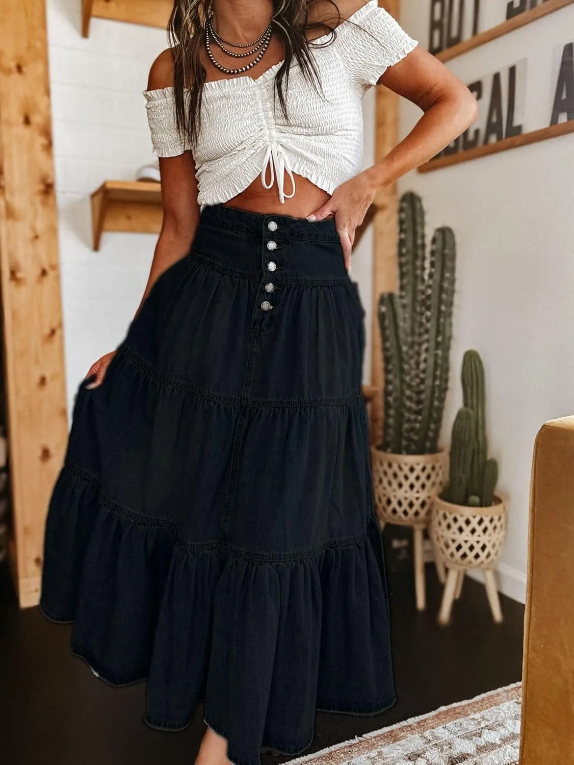 Melliflo Women's High Waist Long Denim Skirt Button Fly Ruffle Swing A-Line Jean Tiered Maxi Skirt Streetwear
