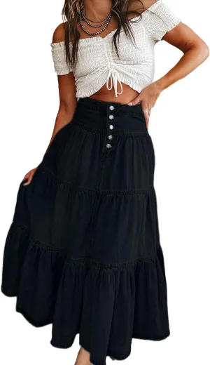 Melliflo Women's High Waist Long Denim Skirt Button Fly Ruffle Swing A-Line Jean Tiered Maxi Skirt Streetwear
