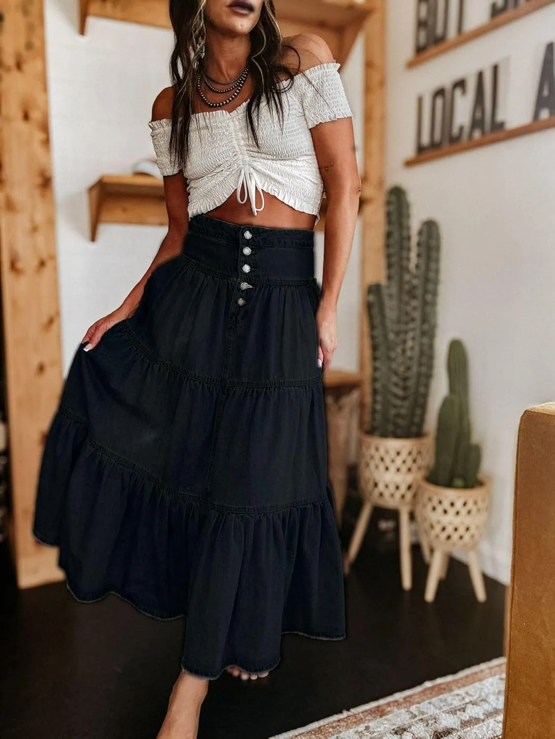 Melliflo Women's High Waist Long Denim Skirt Button Fly Ruffle Swing A-Line Jean Tiered Maxi Skirt Streetwear
