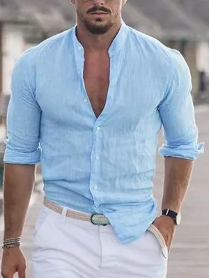 Men's Button-Up Shirt - Mandarin Collar - Slim Fit - Lightweight Breathable Fabric