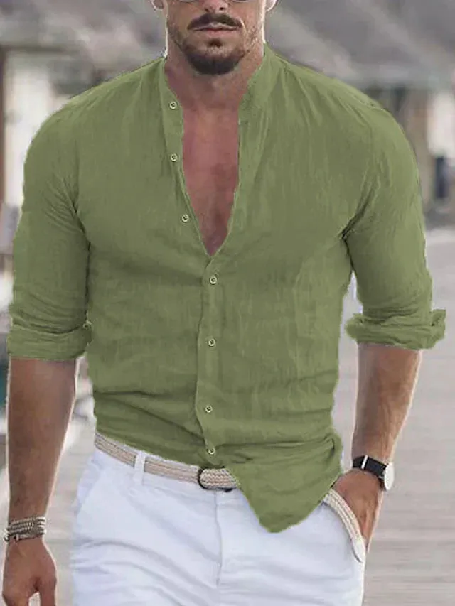 Men's Button-Up Shirt - Mandarin Collar - Slim Fit - Lightweight Breathable Fabric