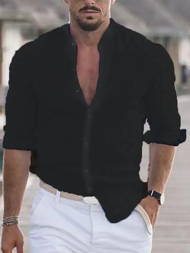 Men's Button-Up Shirt - Mandarin Collar - Slim Fit - Lightweight Breathable Fabric