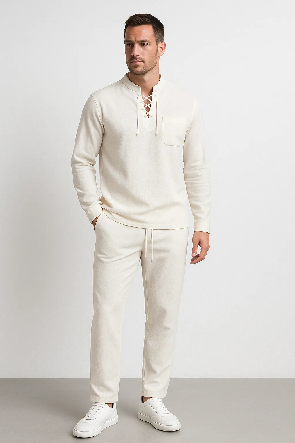Men's Henley Shirt  Cotton Linen Blend  Relaxed Fit  Lace-Up Chest  Band Collar