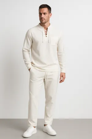 Men's Henley Shirt  Cotton Linen Blend  Relaxed Fit  Lace-Up Chest  Band Collar