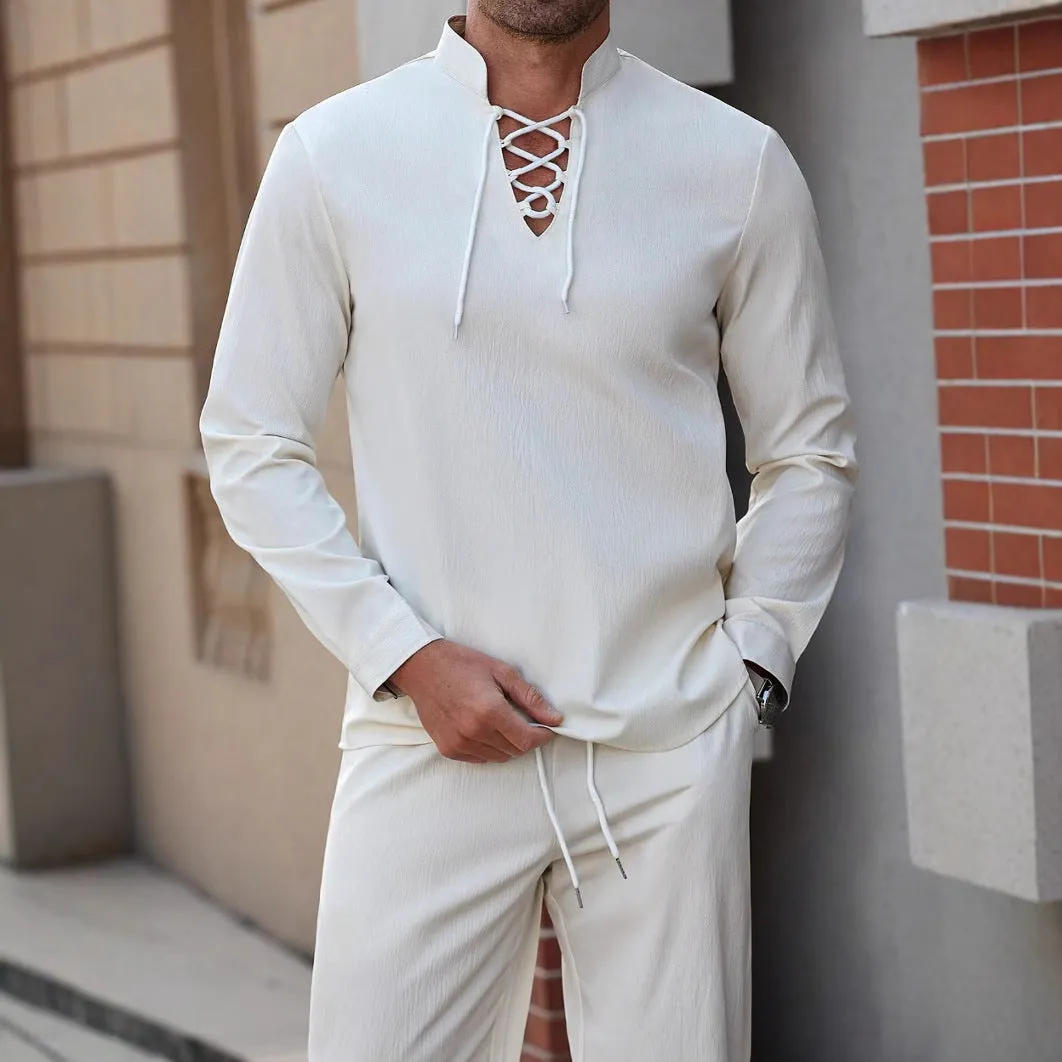 Men's Henley Shirt  Cotton Linen Blend  Relaxed Fit  Lace-Up Chest  Band Collar