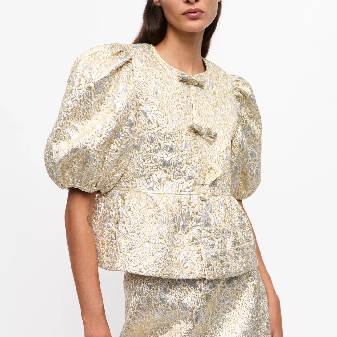 Metallic Cloque Peplum Blouse (Gold   Silver)