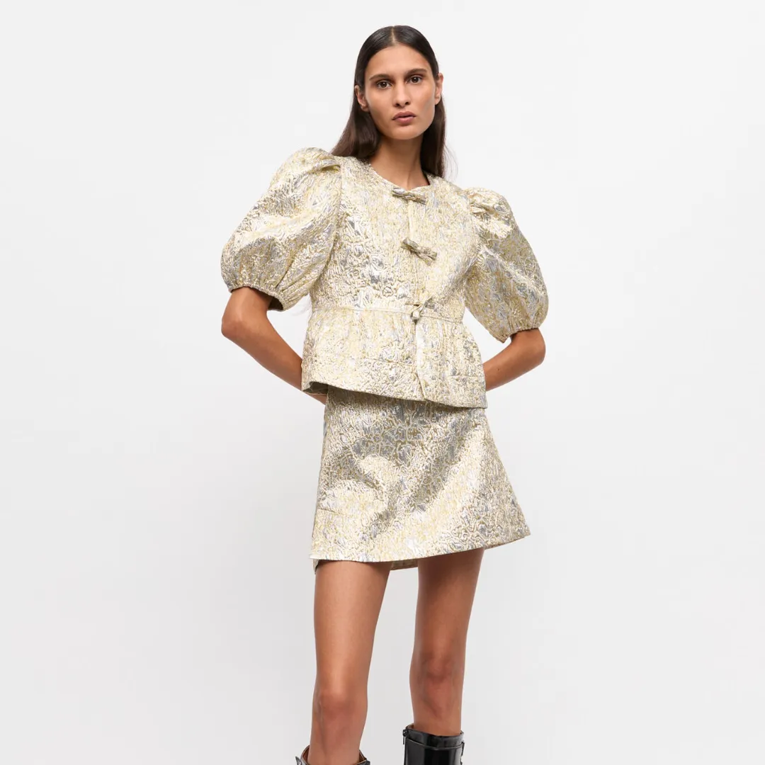 Metallic Cloque Peplum Blouse (Gold   Silver)
