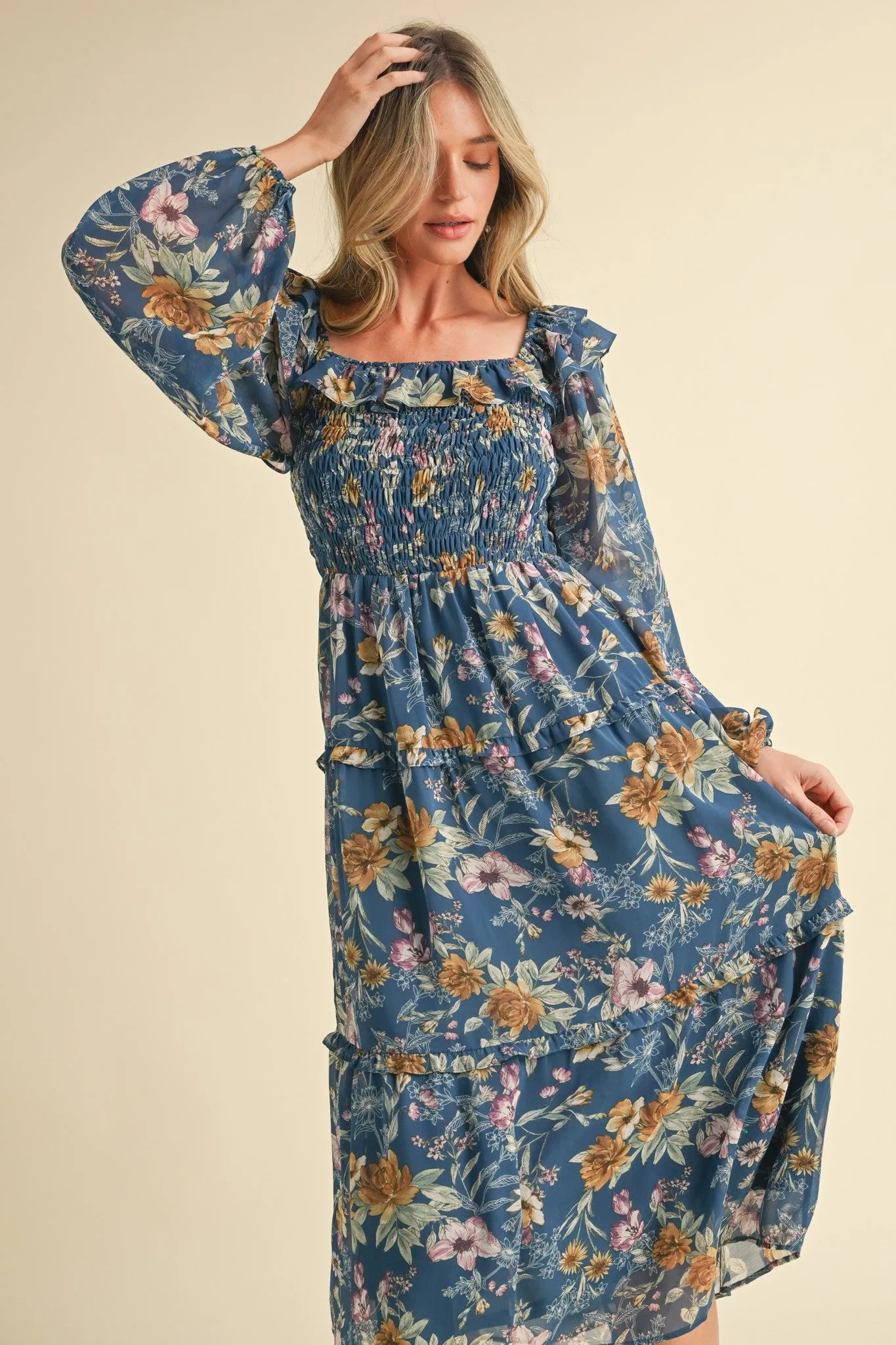 Midnight Blue Floral Smocked Tiered Ruffle Midi Dress