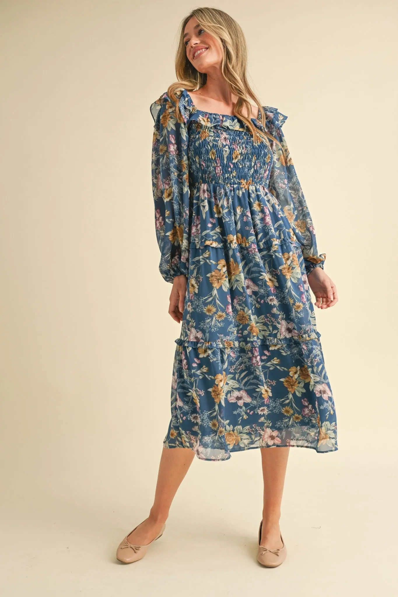 Midnight Blue Floral Smocked Tiered Ruffle Midi Dress