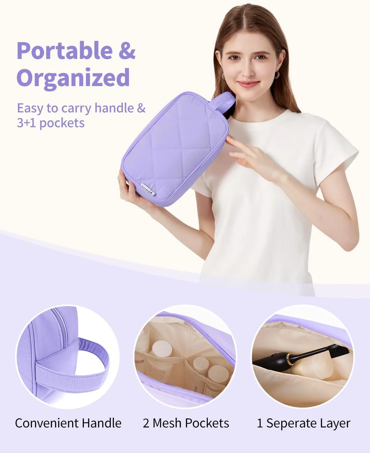 Narwey Toiletry Bag for Traveling Women with Handle, Quilted Makeup Bag for Women, Puffy Make up Bags Organizer Case Cosmetic Bag for Teen Girls (Purple)