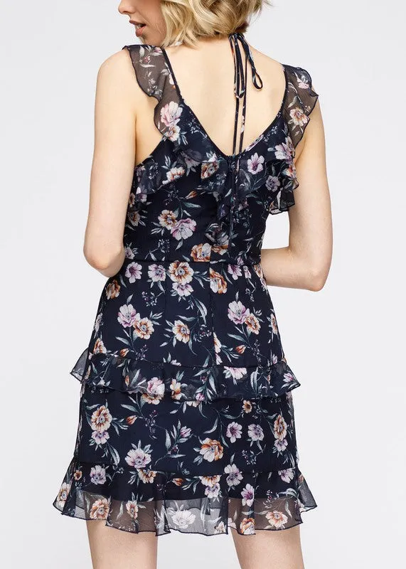 Nurode Wax Flower Mini Ruffled Sleeveless Dress