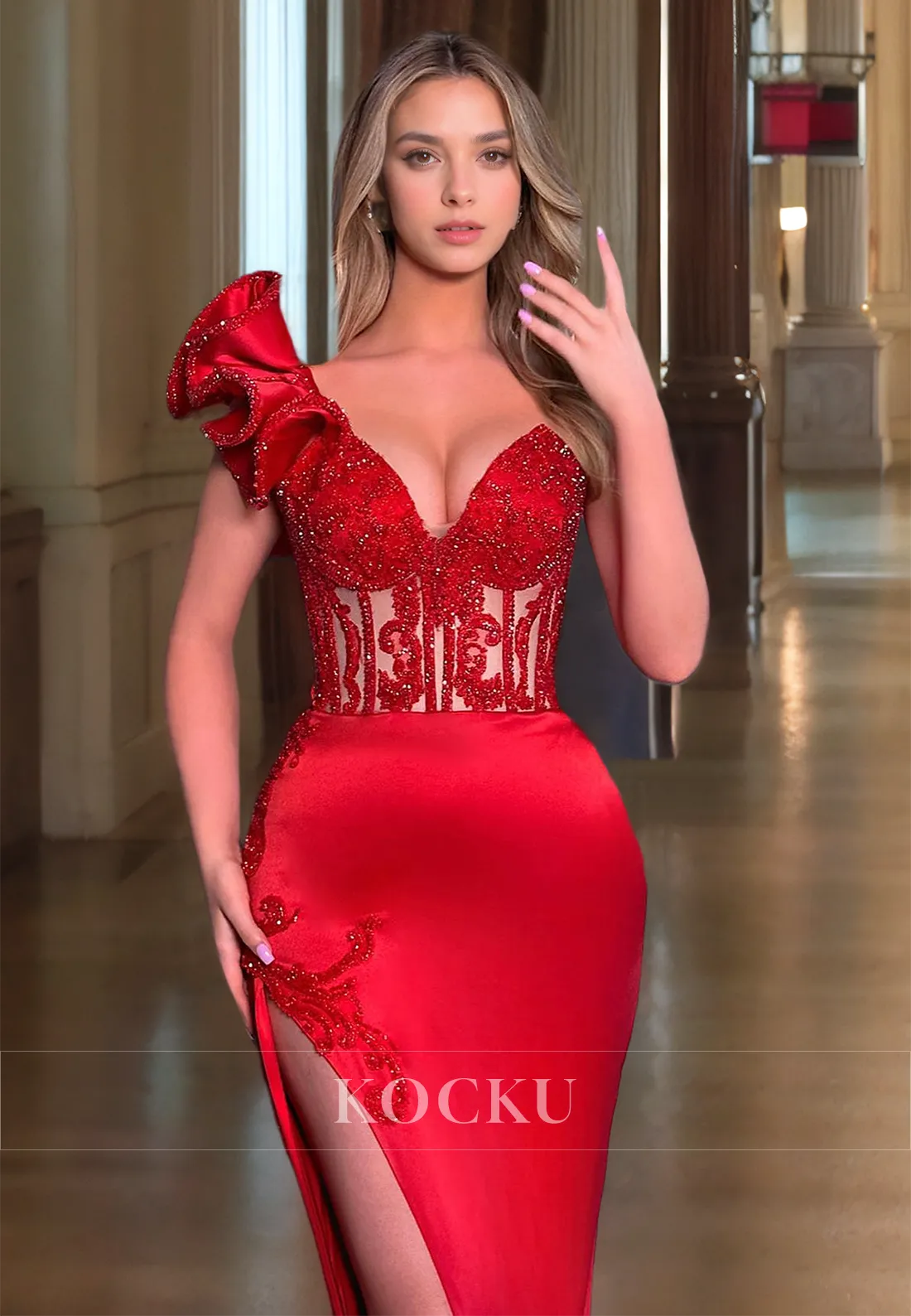 One Shoulder Sheath High Split Floor-Length Stripe Sheer Appliques Prom Dress Party Dress with Beads