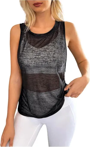 OYOANGLE Women's Sheer Sleeveless Crew Neck Sports Tank Top Sleeveless Athletic Workout Shirts
