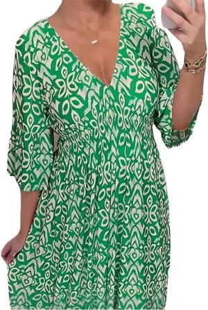Plus Size Summer V Neck Floral Dress for Women, Loose Casual Print V-Neck Long Dress, Bohemian Wrap V Neck 3/4 Sleeve