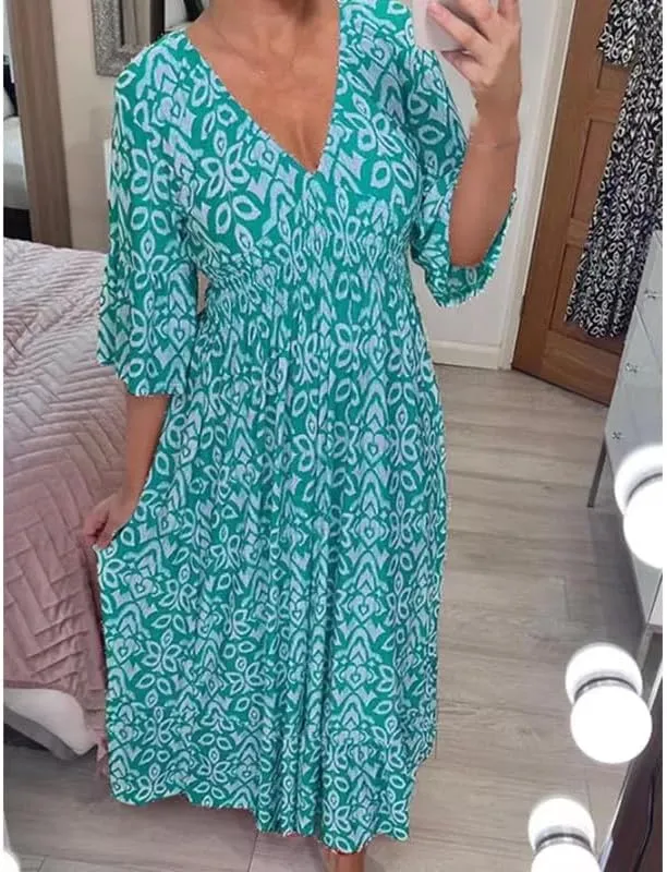 Plus Size Summer V Neck Floral Dress for Women, Loose Casual Print V-Neck Long Dress, Bohemian Wrap V Neck 3/4 Sleeve