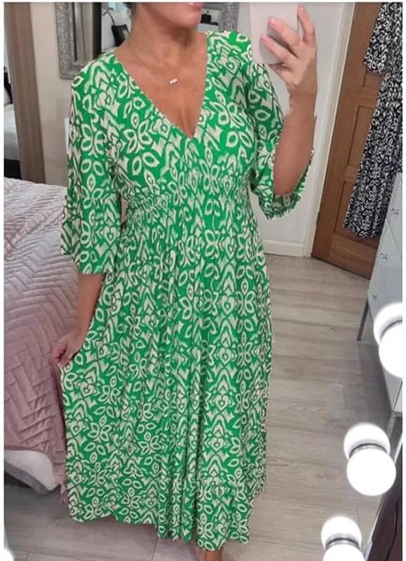 Plus Size Summer V Neck Floral Dress for Women, Loose Casual Print V-Neck Long Dress, Bohemian Wrap V Neck 3/4 Sleeve