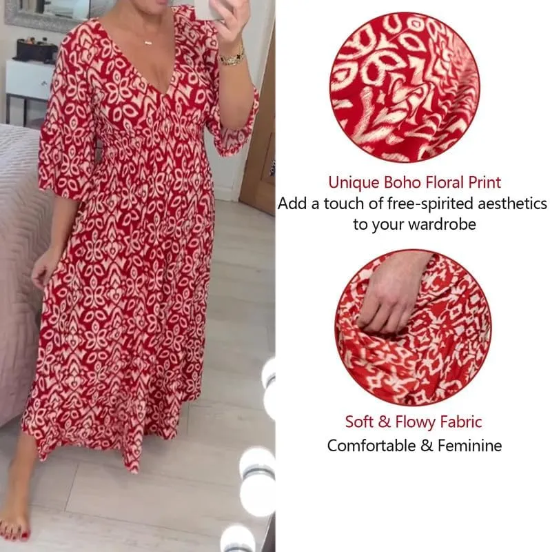 Plus Size Summer V Neck Floral Dress for Women, Loose Casual Print V-Neck Long Dress, Bohemian Wrap V Neck 3/4 Sleeve