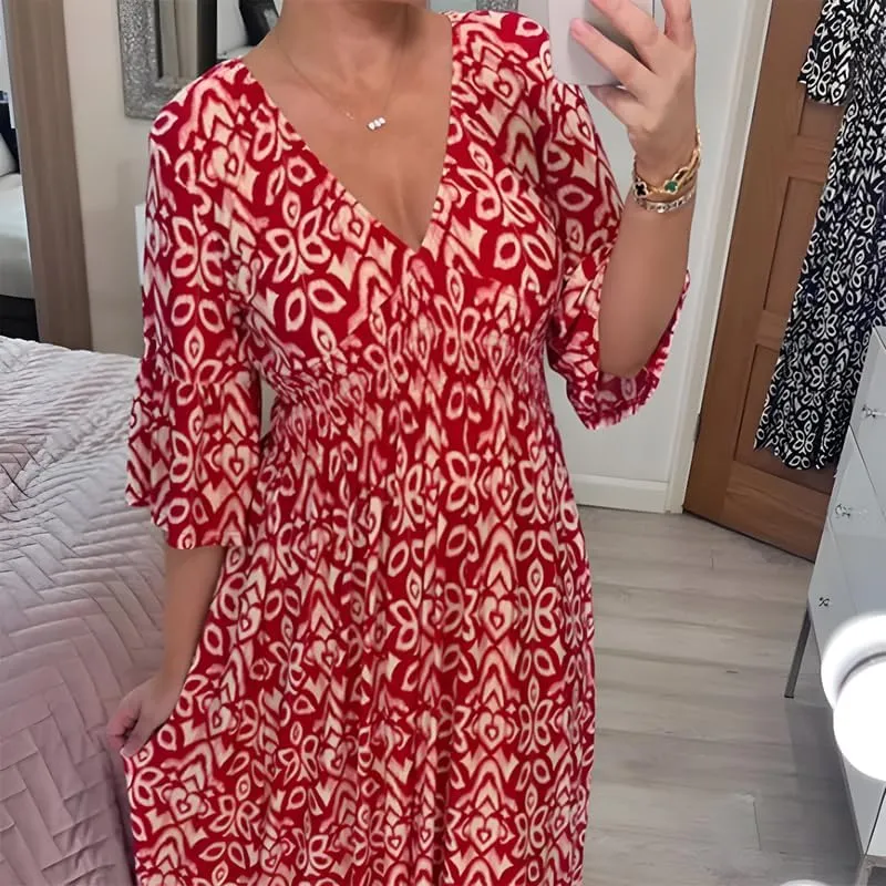 Plus Size Summer V Neck Floral Dress for Women, Loose Casual Print V-Neck Long Dress, Bohemian Wrap V Neck 3/4 Sleeve