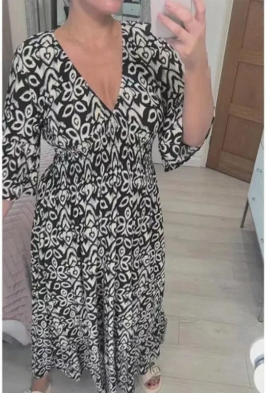 Plus Size Summer V Neck Floral Dress for Women, Loose Casual Print V-Neck Long Dress, Bohemian Wrap V Neck 3/4 Sleeve