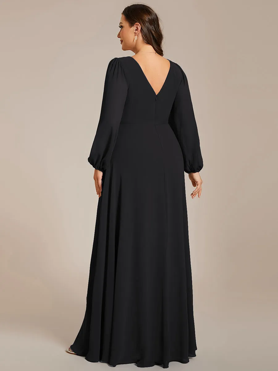 Robe de soirée plissée en mousseline de soie double col en V manches longues ceinture brillante