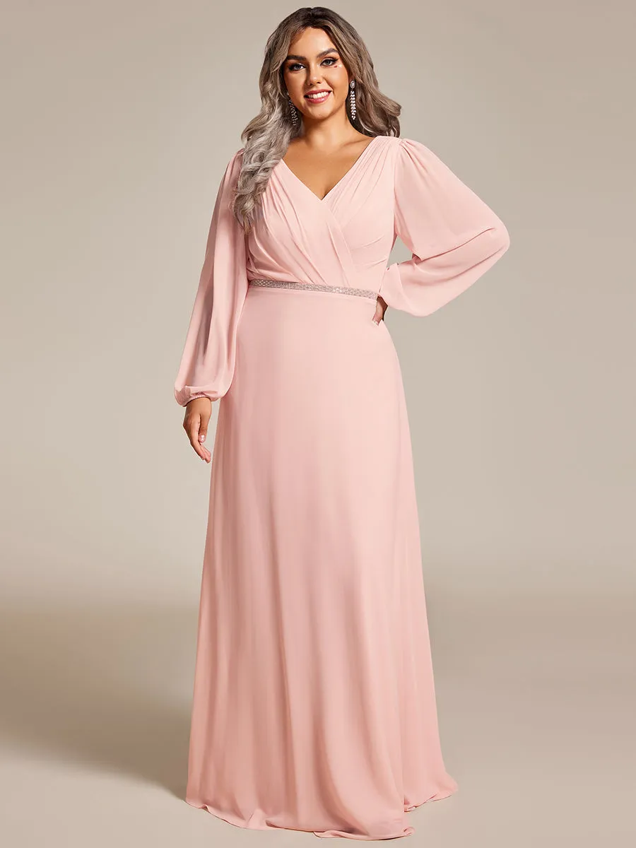 Robe de soirée plissée en mousseline de soie double col en V manches longues ceinture brillante